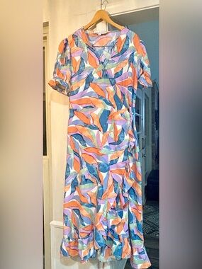 Colorful Abstract Print Wrap Dress - Orange & Blue